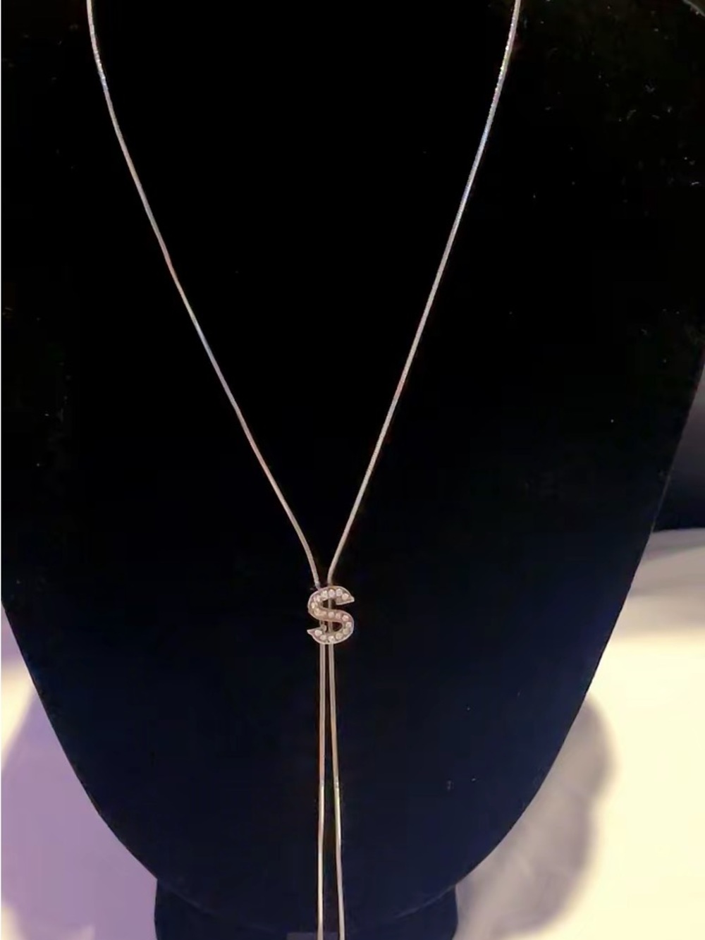 Crystal Initial 'S' Lariat Necklace - Silver